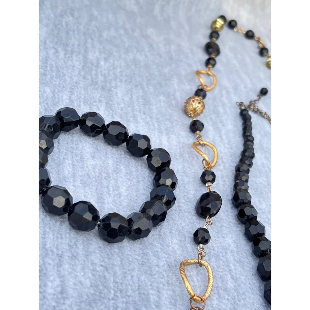 Dark Academia Beaded Jewelry Black Gold Tone‎ Acrylic Metal Necklaces Faceted
